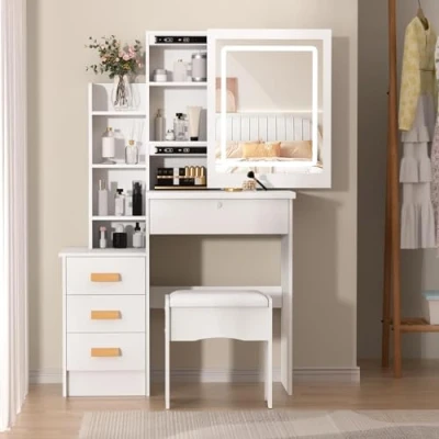 Imagen de cadciehe Escritorio de tocador con espejo deslizante y luces, dormitorio, mesa maquillaje cajones estantes, espacio almacenamiento oculto, blanco