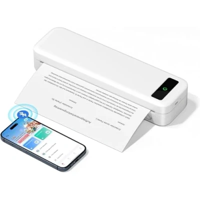 Imagen de Impresora Portátil Termica A4, Impresoras Inalambrica Bluetooth 300 dpi para Papel Térmica 210x297mm/110mm/80mm/53mm/216mm, Casa Mini Movil Portatil Sin Tinta Wireless Portátiles Printer, blanco