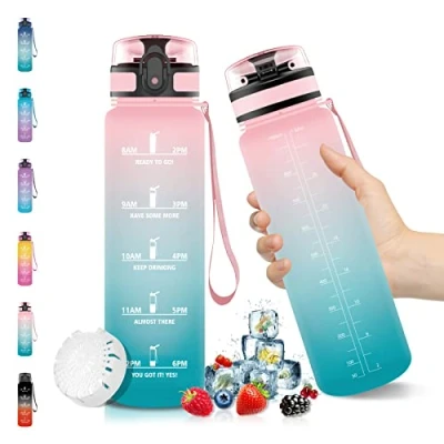 Imagen de Vikaster Botella Agua Deporte, Botellas Niños sin BPA, 1000ml Motivacional con Filtro, Prueba de fugas Reutilizable Agua, para Gimnasio, Running, Niños, Bicicleta
