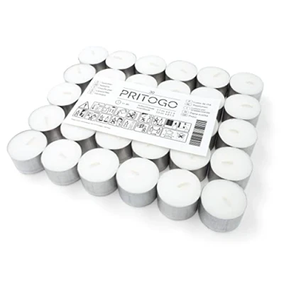 Imagen de Pritogo Velas de té blancas en funda aluminio, diámetro 3,8 x 2,5 cm, sin hollín, tiempo combustión: 8 horas (30 unidades aluminio)