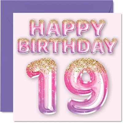Imagen de Tarjeta de cumpleaños número 19 para mujer, globos purpurina rosa y morada, tarjetas feliz mujer años, hija, hermana, tía, prima, 145 mm x mm, felicitación