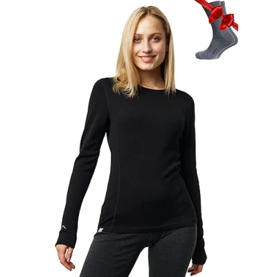 Imagen de Merino.tech Camiseta Lana Merino Mujer, Base Layer + Calcetines (Small, 320 Black)