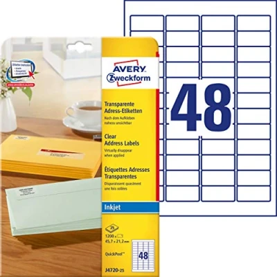 Imagen de Avery Dennison J4720 25 Paquete de 1200 etiquetas dirección, transparente