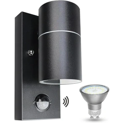 Imagen de Wondlumi Aplique Pared Exterior/Interior LED con Sensor de Movimiento,1x5W GU10 IP44 Blanco Cálido 500LM,Lámpara Moderno Negro Incluye 1 Focos