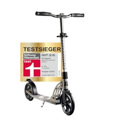 Imagen de SIX DEGREES Patinete de aluminio con mecanismo plegable y soporte, 205 mm, altura regulable, certificado GS, color gris