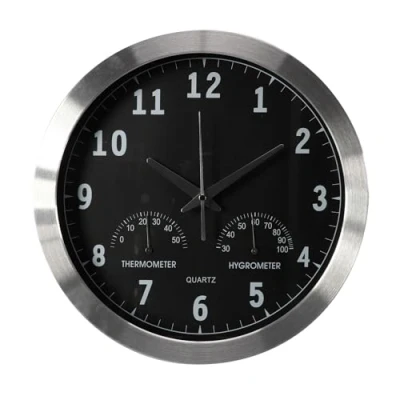Imagen de Perel Reloj de Pared, Redondo, analógico, 35.5 cm, Hora controlada (DCF), con termómetro e higrómetro, Aluminio, Plata