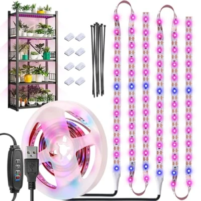 Imagen de Luz de crecimiento plantas interiores con impermeablede espectro completo usb Reloj automático encendido/apagado azul rosa 120led (2m）