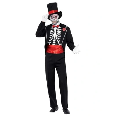 Imagen de Smiffys Disfraz del Día de Muertos, Negro, con chaqueta, falsa camisa, sombrero y guantes