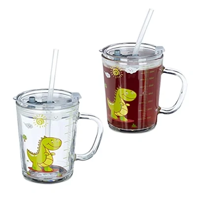 Imagen de Relaxdays 0 Vasos, Set de 2, Dinosaurio, Vaso Niños con Asa, Tapa y Pajita, 400 ml, Transparente, 2 Unidad (Paquete 1),