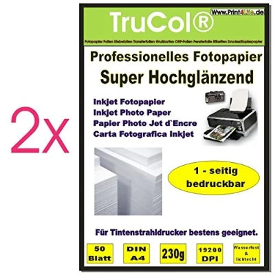 Imagen de 100 hojas de papel fotográfico, DIN A4, 230 g/m², alta glossy (Alto Brillo) inmediatamente seco Resistente al agua, colores brillantes, para impresoras inyección (Impresora tinta).
