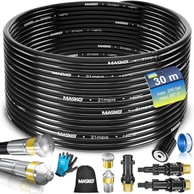 Imagen de MASKO® Set de Manguera Limpieza Tuberías Premium Limpiador Desagües 30m, 200 bar con Bolsa 3 Adaptadores 2 Boquillas Giratorio + Guantes compatible Hidrolimpiadora Kärcher k2 k7 LAVOR