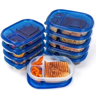 Imagen de FRESHLY CONTAINED Recipientes para Alimentos 3 Compartimentos (Pack de 10) 780 ml Envases Herméticos Plástico Libre BPA con Tapa Cocina, Alacena, Microondas/Congelador