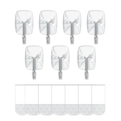 Imagen de JELLYSUB 7 Ganchos, 12 Tiras, Ganchos para Colgar con Tiras Transparentes, Adhesivos Pared Organizar sin Dejar Marcas y Taladrar (Pequeñas)