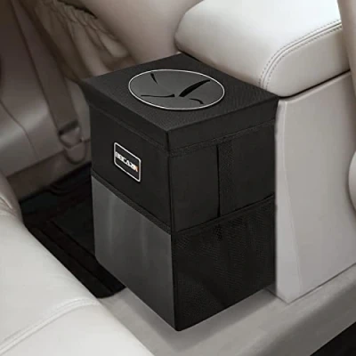 Imagen de cubo de basura para coche con tapa, bolsa colgar bolsillos almacenamiento, a prueba fugas, organizador plegable y portátil, resistente al agua, multiusos