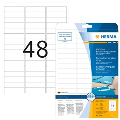 Imagen de Herma 10005 Tiras de rotulación despegables A4, 63.5 x 16.9 mm papel mate, 1200 unidades, color blanco