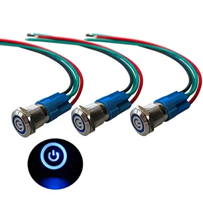 Imagen de QitinDasen 3Pcs Premium 12V / 24V 3A Interruptor de Botón Autoblocante, 12mm Metálico, LED Azul Pulsador Impermeable IP66 con Enchufe Cable