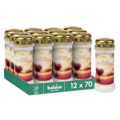 Imagen de Bolsius Velas para tumbas blanco 12 unidades duración de combustión 70 horas Vela luto y memorial Quemador permanente con diseño árbol sin perfume aceite palma nº 6