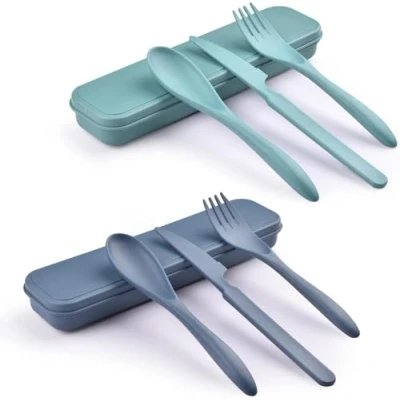 Imagen de juego de 2 cubiertos reutilizables con funda, tenedor viaje, cuchillo y cuchara, plástico portátil para picnic, escuela, oficina, almuerzo (1)
