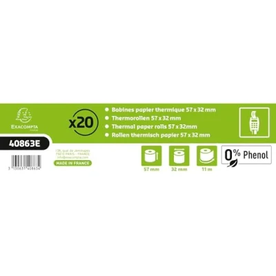 Imagen de Exacompta Ref. 40863E Paquete de 20 bobinas para tarjetas bancarias, 57 x 32 mm, 11 m, 1 pliegue térmico 55 g/m2 sin fenol, color blanco