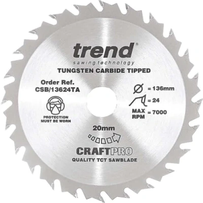 Imagen de Trend CraftPro Hoja de sierra TCT: 136 mm diámetro x 20 interior 24 dientes con para sierras inalámbricas, CSB/13624TA