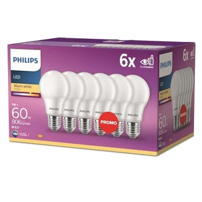 Imagen de Philips LED Classic E27 paquete de 6 bombillas (60 W), mate con luz blanca cálida, bajo consumo una larga vida útil, nueva generación