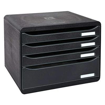 Imagen de Exacompta 315714D Módulo individual con 4 cajones para documentos A4 + tope de seguridad y porta etiquetas 270x355x271 mm BIG BOX PLUS HORIZON Negro