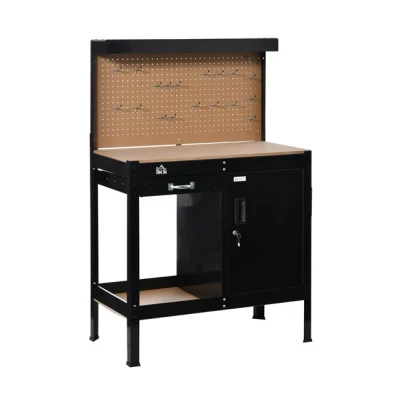 Imagen de HOMCOM Banco de Trabajo 98,5x48x140 cm Carga 100 kg Mesa con Panel Perforado Cajón Estante y Armario Cerradura Negro