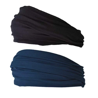 Imagen de CHARM Hombre Elástico Bandana Cinta Para El Pelo Venda Japonés Largo Cabello Rastas Cabeza Envolver Negro, Marino Paquete de 2