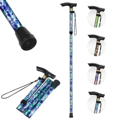 Imagen de supregear Bastón Plegable para Mujeres, Ligero con Diseño Floral, Correa de Muñeca y Mango en T, Viaje Ajustable Altura 5 Niveles Personas Mayores Discapacitadas