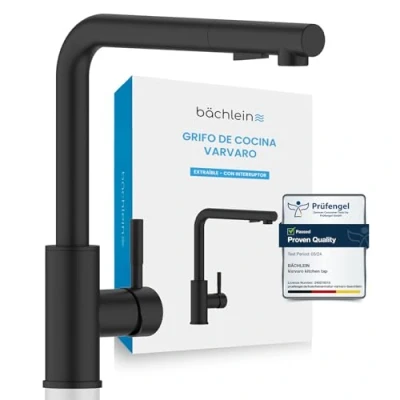 Imagen de Bächlein Mezclador de Cocina Giratorio 360 Grados (Negro Mate) Monomando Fregadero con Manguera Extensible y Ducha Interruptor, Grifo Agua Para la