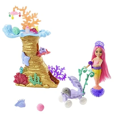 Imagen de Barbie Mermaid Power Chelsea en el Arrecife de Coral Set Juego con muñeca Sirena, Mascotas y Accesorios, Regalo +3 años (Mattel HHG58)