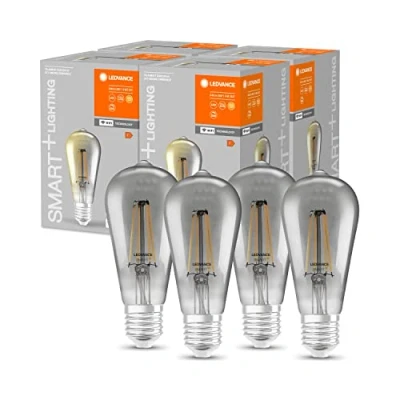 Imagen de LEDVANCE Bombilla LED inteligente con tecnología Wifi, E27, regulable, blanco cálido, forma Edison, filamento transparente en cristal ahumado, controlable Alexa, Google y App., paquete de 4
