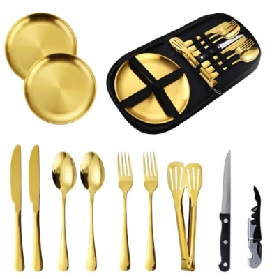 Imagen de Emsmil juego de cubiertos portátiles camping 12 piezas, vajilla portátil acero inoxidable, bolsa portátil, cuchara, tenedor, cuchillo, plato para picnic al aire libre,