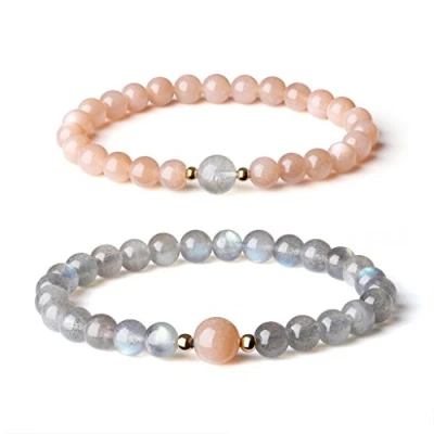 Imagen de COAI Par de Pulseras Amistad con Cuentas Labradorita y Piedra del Sol