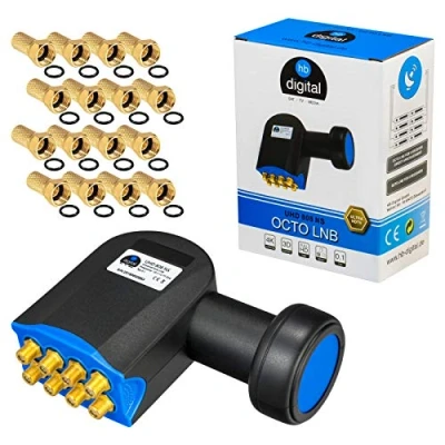 Imagen de HB DIGITAL Conector Octo LNB LNC con 8 Salidas Full HD TV 3D + contactos chapados en Oro protección contra la Intemperie (Extensible), Juego enchufes F