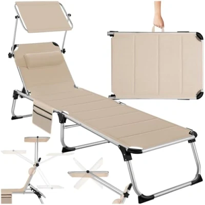 Imagen de TecTake® Tumbona Jardín Exterior de Aluminio, Plegable con Reposacabezas, Parasol y Bolsillo Lateral, Playa Reclinable en 6 Posiciones, Piscina Resistente a Intemperie Beige