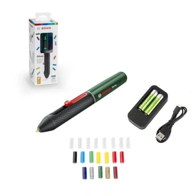 Imagen de Bosch Lápiz de pegar gluey con cargador micro USB y 20 barras pegamento mini, Verde, 2 Pilas AA