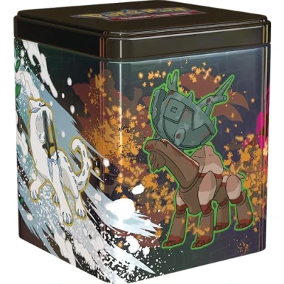Imagen de Pokémon: Lata apilable Tesoros Funestos de JCC Pokémon (3 Paquetes Mejora y 2 Hojas con Pegatinas)