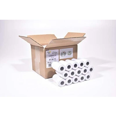 Imagen de 50 rollos de papel térmico sin estampar 57 mm x 9 m 12 mm, diámetro del rollo 30 grosor 55 g/m2, impresión.