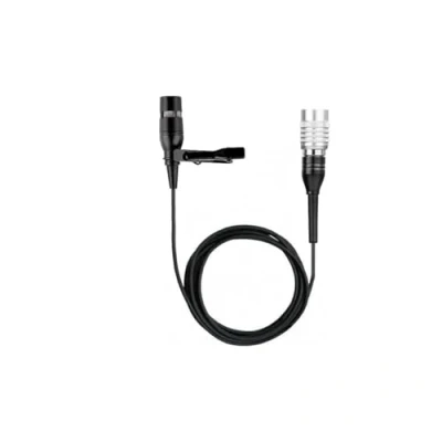 Imagen de micrófono Lavalier negro, de condensador Cardidid con clip para sistemas inalámbricos Audio Technica, enchufe Hirsoe Mini 4 pines