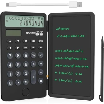 Imagen de NEWYES calculadora portátil con Bloc de Notas, Pantalla Grande 2 líneas 12 dígitos, Escritorio Recargable energía Solar para Estudiantes Oficina, Escuela (Negro)