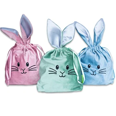 Imagen de 3 Bolsas de Terciopelo con Orejas Nido Alternativo Pascua en diseño Conejo Reutilizable Cesta para llenar Set 1