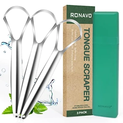 Imagen de Raspador de lengua acero inoxidable Raspadores para adultos curar mal aliento. Limpiadores más frescos en segundos (2 unidades) (Wider with travel case)