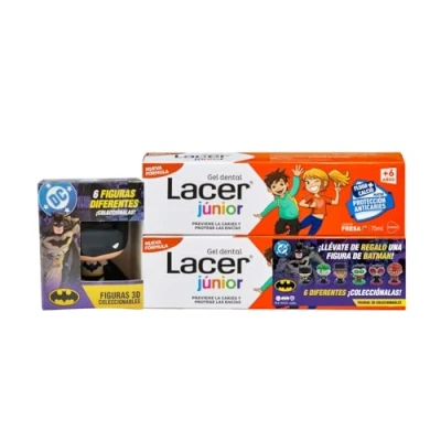 Imagen de LACER JUNIOR Duplo Gel Dental Infantil 75 ml con Figura de la Liga Justicia, para Niños +6 años, Sabor a Fresa, Previene Caries, Fórmula Flúor Más Calcio, Cuida los Dientes Leche