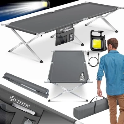 Imagen de KESSER® Cama de Camping Plegable Resistente con Bolsa Transporte, Bolsillo Lateral y Luz 210x73x45cm hasta 150 kg Tubo Metal Tela Oxford 600D Portátil Cómoda Antracita