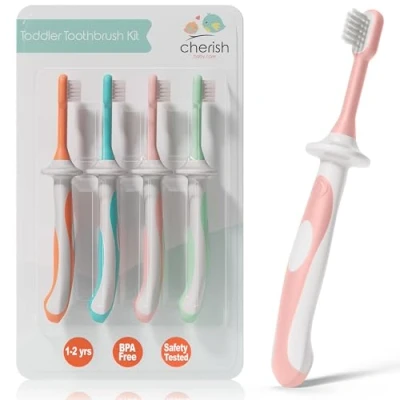 Imagen de Cherish Baby Care Juego de Cepillo Dientes para Niños (4 Unidades) Bebe Libre BPA y Testeado en Cuanto a Seguridad, Diseñado Por un Dentista Pediátrico, 1 2 Años
