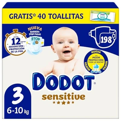 Imagen de Dodot Pañales Bebé Sensitive, Talla 3 (6 10 kg), 198 + 1 Pack de Toallitas Gratis Aqua Plastic Free, Nº1 en Protección la Piel Dodot, Mensual