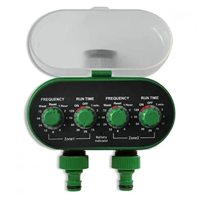 Imagen de Temporizador automático de riego para jardín Doble Salida un Control eficiente. Dos sectores simultáneamente. Configuración fácil con Ruedas Tiempo Ciclo y riego.