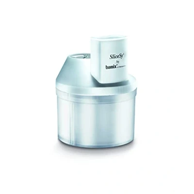 Imagen de bamix Accesorio SliceSy para todas las batidoras de mano desde 180 vatios, Incluye 5 discos, Robot cocina multifunción cortar, moler y picar, Blanco