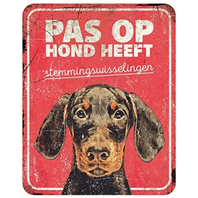 Imagen de D&amp;D Home, Panel de Aversión Atención al Perro, 25x20x0,3 cm, Versión Holandesa, Fondo Rojo, Señal Advertencia Metal Resistente óxido con Texto Divertido